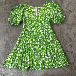 Faithfull The Brand La Barben Floral Green Mini Dress Women's 12 Large